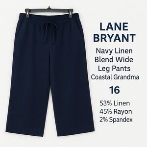 Lane Bryant‎ Navy Linen Blend Stretch Wide Leg Pants Pockets Coastal Grandma 16